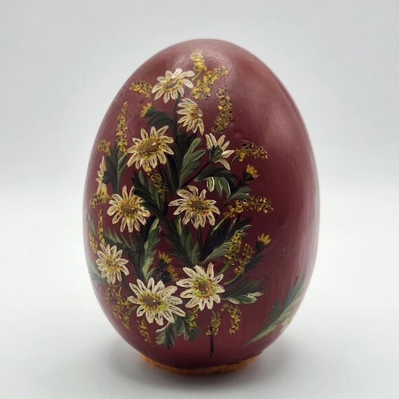 1995 Vintage Artistisan Signed Chalkware Egg Large Handpainted Red Yellow Floral - Picture 9 of 9